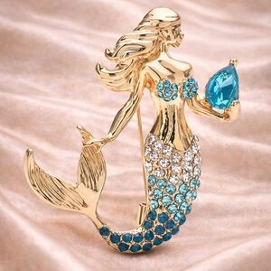 Blue Mermaid Gold Crystal Brooch